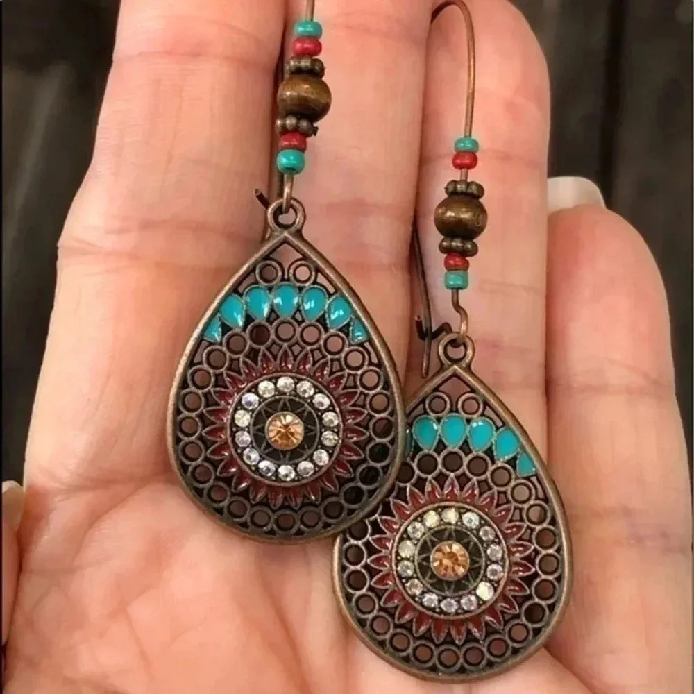 Turquoise & Coral Color Boho Copper Tone Drop Earrings NWT